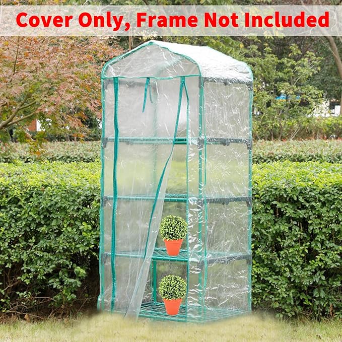 4 Tier Roll-Up Zipper Door Greenhouse Replacement Cover- 63 x 27 x 19 Inch Clear PVC Plant Greenhouse Cover for Gardening Plants Cold Frost Protection Wind Rain Proof (Frame NOT Include)