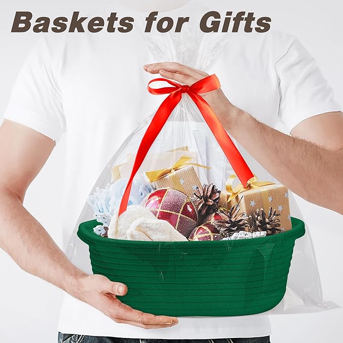 Pro Goleem Small Woven Basket with Gift Bags and Ribbons Durable Baskets for Gifts Empty Small Rope Basket for Storage 12"X 8" X 5" Baby Toy Baskets with Handles, Green