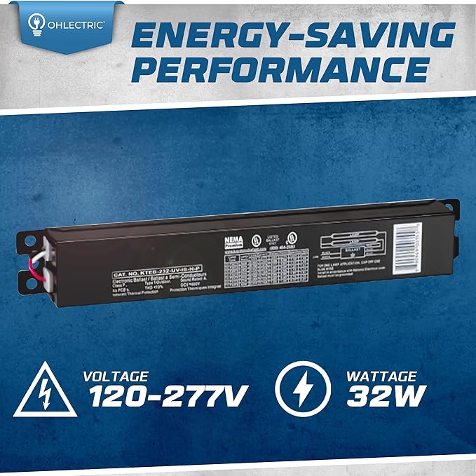 OHLECTRIC Replacement for Keystone KTEB-232-UV-IS-H-P 2 Lamp T8 Electronic Fluorescent Ballast with High Light Output | 120-277V Input with Instant Start Operation | 1.18 Ballast Factor, UL-Approved