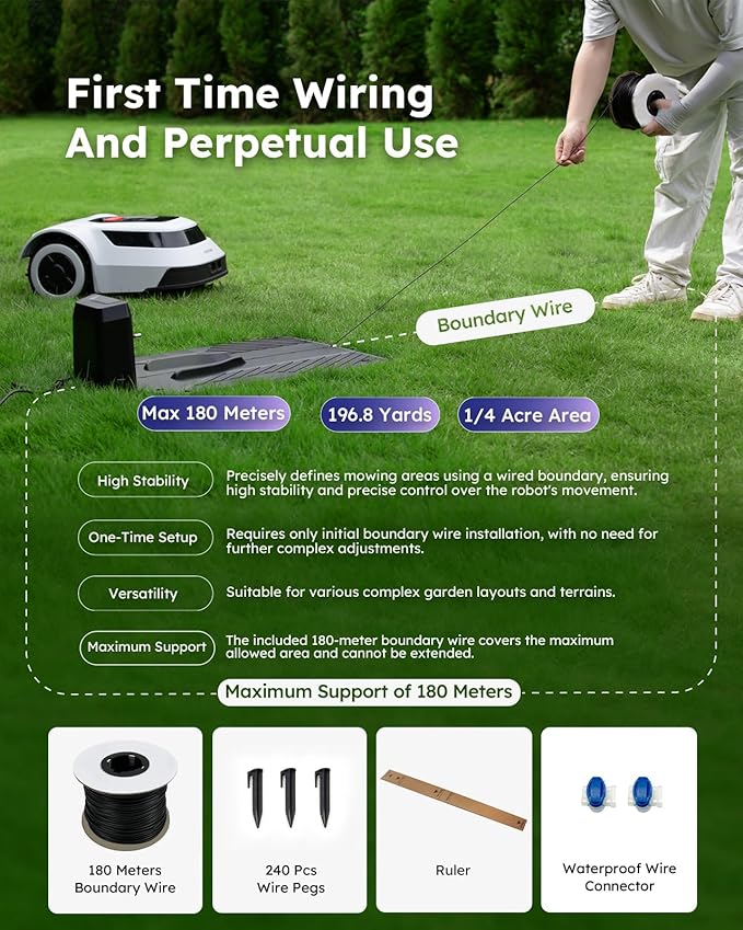 Robot Lawn Mower with Boundary Wire - for 1/4 Acre 300% Higher Efficiency of Grid-Shaped Mowing Path, Automatic Robotic Lawn Cutter Mowers with Auto Mapping & Recharge, IPX6 Waterproof