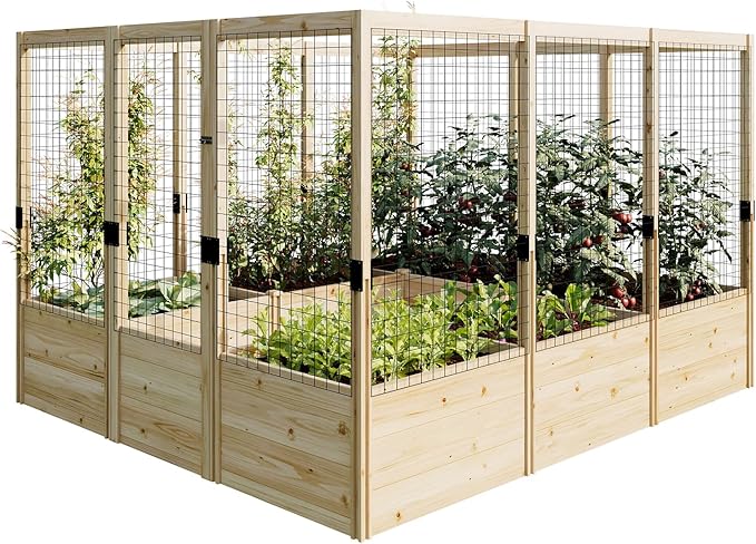 PaPaJet Wooden Raised Garden Bed for Outdoor, 1.6FT Depth Large Planter Box with Netting for Gardening, Vegetables, Flowers, Herbs（7.5× 8.9× 5.9FT）