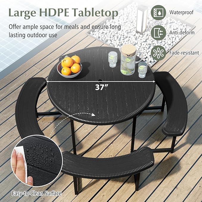 Giantex Picnic Table Bench Set for 4-8 Person, Round 37” Outdoor Dining Table w/Umbrella Hole, HDPE Tabletop, Metal Frame, Patio Furniture Set for Backyard Porch Lawn, 1400lb Capacity (Black,Round)