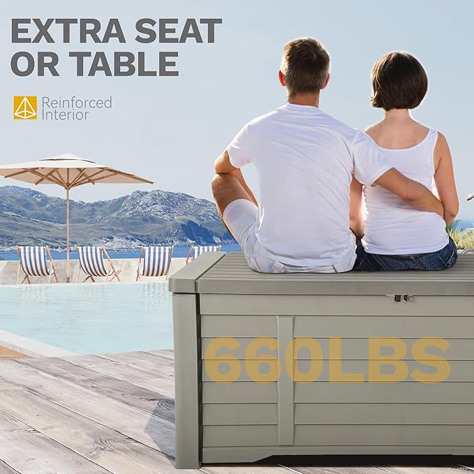 DWVO Large Deck Box 120 Gallon Waterproof Outdoor Storage Box, Extra Large Storage Bin, Resin Louvered Patio Storage for Pillows, Garden Tools & Pool Supplies, Lockable, Light Brown