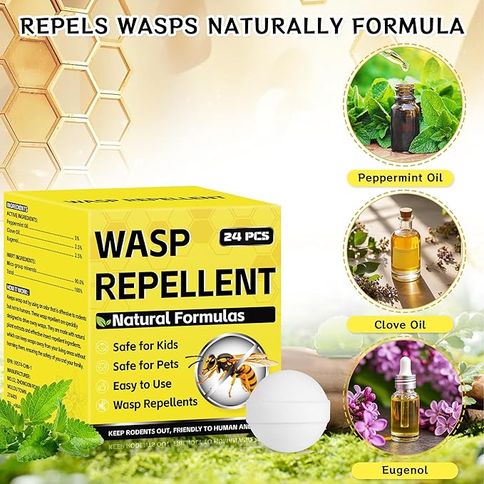24PCS Wasp Repellent Balls Patio, Natural Peppermint Oil Bee Deterrent for Indoor & Outdoor, Natural Pest Control, Safety for Pet and Kids, Repels Bee, Yellowjacket, Hornet, Wasp, Mud Dauber