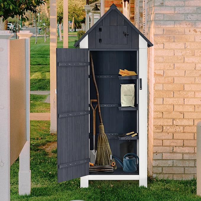 MCombo Outdoor Storage Cabinet with Shelves, Wooden Outside Storage Shed with Floor, Garden Tool Shed for Patio Yard Lawn, 0770 (Gray)