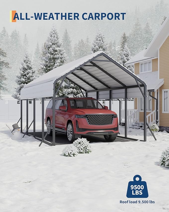 13'x21'x11' Oversized Metal Carport, Heavy Duty Metal Car Port for All-Weather, Steel Shed for Bass Boats, Pickup Trucks, and Tractors, N.W. 660 Lbs