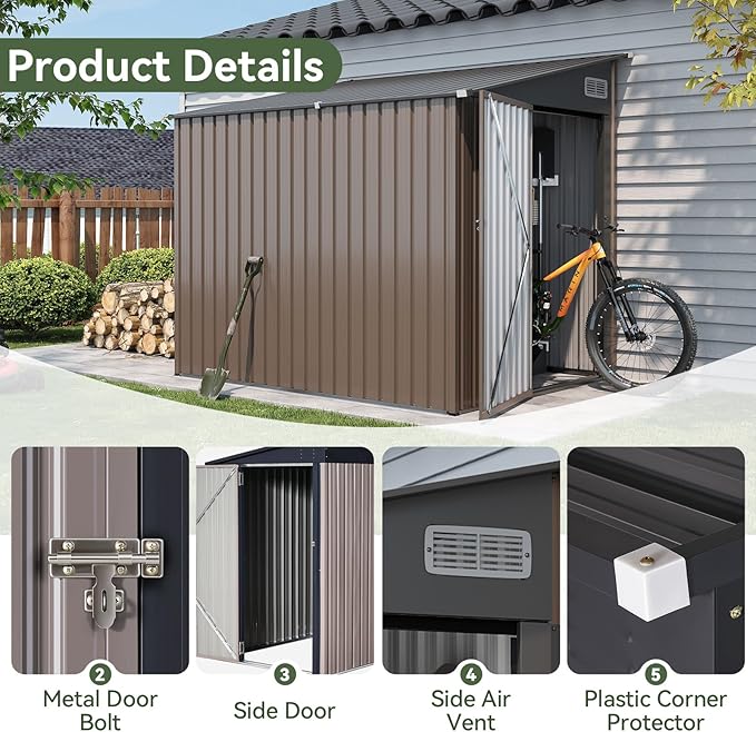 7'x5.5' Lean to Shed Galvanized Steel Storage Sheds with Side Door Waterproof Utility Shed with Sloped Roof for Mower, Bike, Garden Tools (Brown)