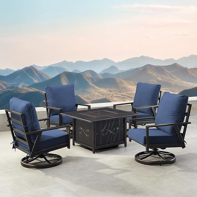 Oakland Living Black Aluminum Patio Fire Table Set with Four Club Chairs with Blue Cushions