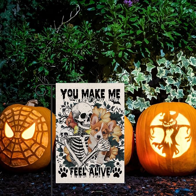 Halloween Garden Flag Skeleton and His Cogi Vertical Double Sided Flags for Holiday Farmhouse Patio Yard Outdoor Party Decor Decorations Gifts - 12.5 x 18 Inch