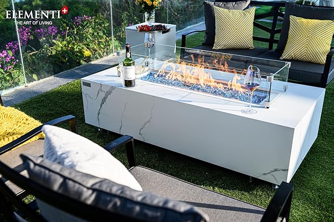 Elementi+ | Bundle Carrara Gas Fire Pit | Marble Porcelain & Metal Frame | 60" Rectangular Fire Table | Electronic Ignition | Canvas Cover, Fire Glass & Burner Lid Included | White | Propane Gas