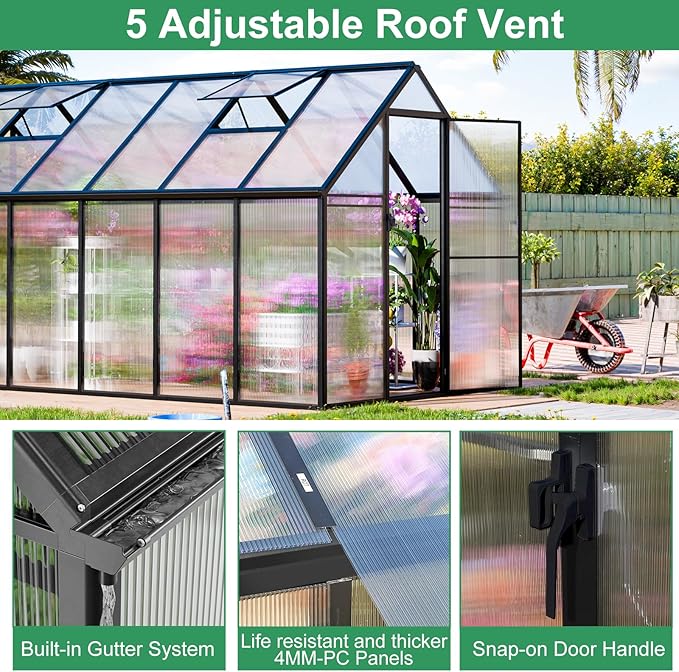 CDCASA 12x6 FT Greenhouse for Outdoors, Easy Assembly Thicker Aluminum Heavy Duty Polycarbonate Greenhouses Kit w/2 Window, Swing Door, Walk-in Green House for Outsides, Sunroom, Backyard, Garden