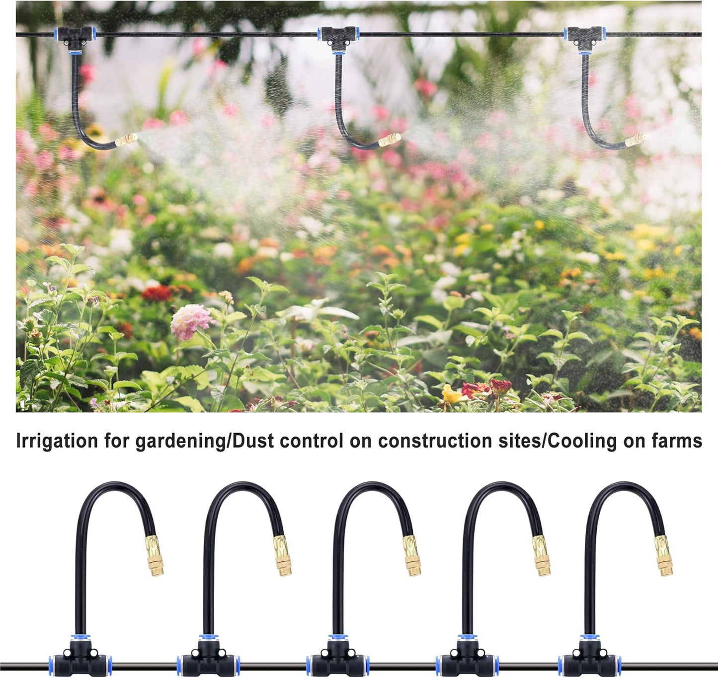 Mornajina 5Packs Brass Misting Nozzles Tee with 8inch Built in Hose for Outdoor Cooling System, Adjustable 360° Rotation, Water Mister Nozzles Thread Sprayer 0.043" (1.1 mm)