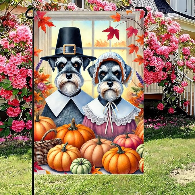 Thanksgiving Fall Decor Garden Flag Double Sided Autumn Leaves and Pumpkins Welcome Outdoor Decoration 12 x 18 Inch Dog Couple