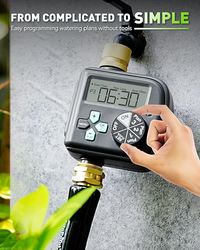 RAINPOINT Sprinkler Timer with Brass Inlet and Outlet - 2025 Upgraded Digital Hose Timer Featuring 3 Programs, Rain Delay, Manual, and Automatic Watering System for Garden and Yard Irrigation