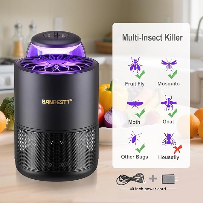 BANPESTT Indoor Insect Trap-Catcher & Killer with Suction for Mosquitos, Gnats, Moths, Fruit Flies, Dusk-to-Dawn Sensor, Bug Light & 6 Sticky Glue Boards (Black)