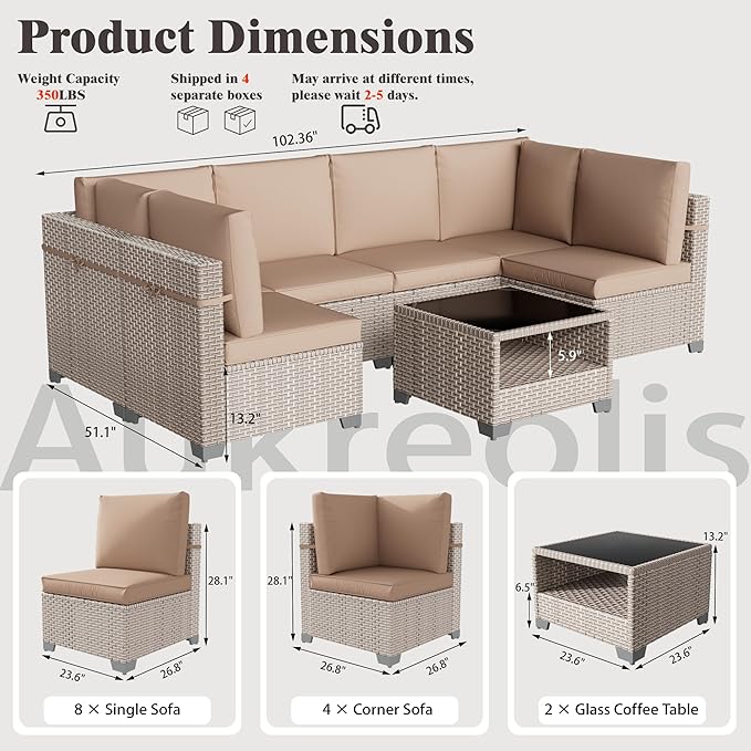 14 Pieces Patio Furniture Set, Outdoor Sectional Wicker Sofa with Thick Cushions and Storage Coffee Table, Rattan Patio Conversation Sets for Deck Yard Poolside, Khaki