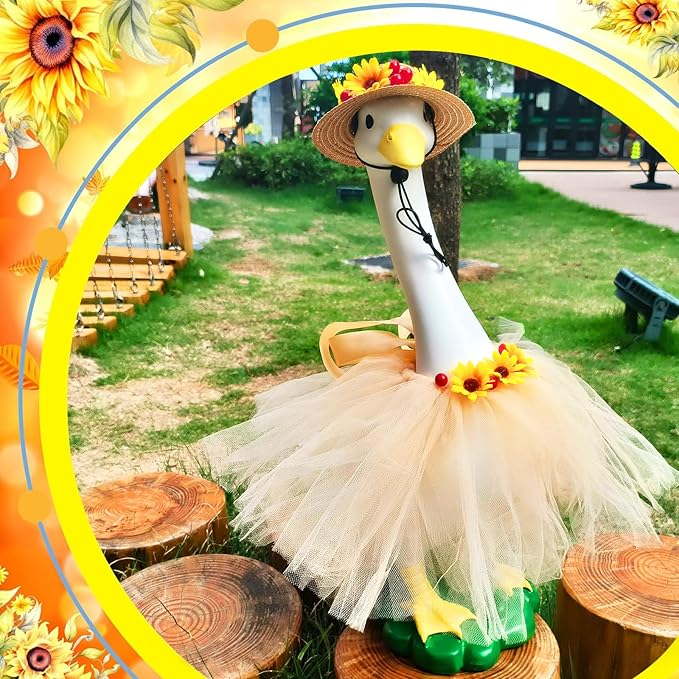 Large White Goose Statues Cygnus, Cute Big Bird Decor Garden Sculpture with Sunflower Outfits and Hat Duck Figurine Indoor Outdoor Porch Backyard Pool Lawn Ornaments 19’’ Birthday Holiday Decorations