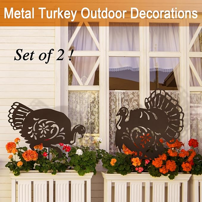 Set of 2 Metal Turkey Outdoor Decorations, Thanksgiving Decor Garden Stake,Fall Yard Porch Sign for Outside