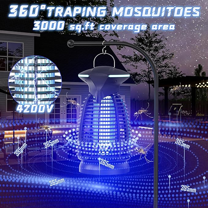 Bug Zapper Outdoor for Mosquito Flies - Waterproof Insect Killer Trap Lamp Electric 4200V Powerful Bug Zappers Indoor with LED Light for Patio Porch Garage Backyard & Home