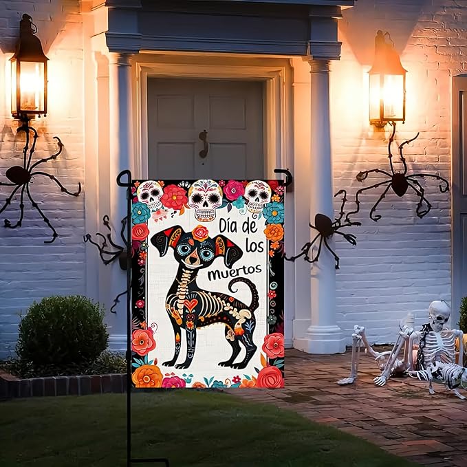 Day of the Dead Garden Flag Dachshund Skeletons Flowers Garden Flag Double Sided 12.x18 Inch Welcome Dog Flag Halloween Flag Mexican Dia De Los Muertos Sugar Skull House Decorations Outdoor