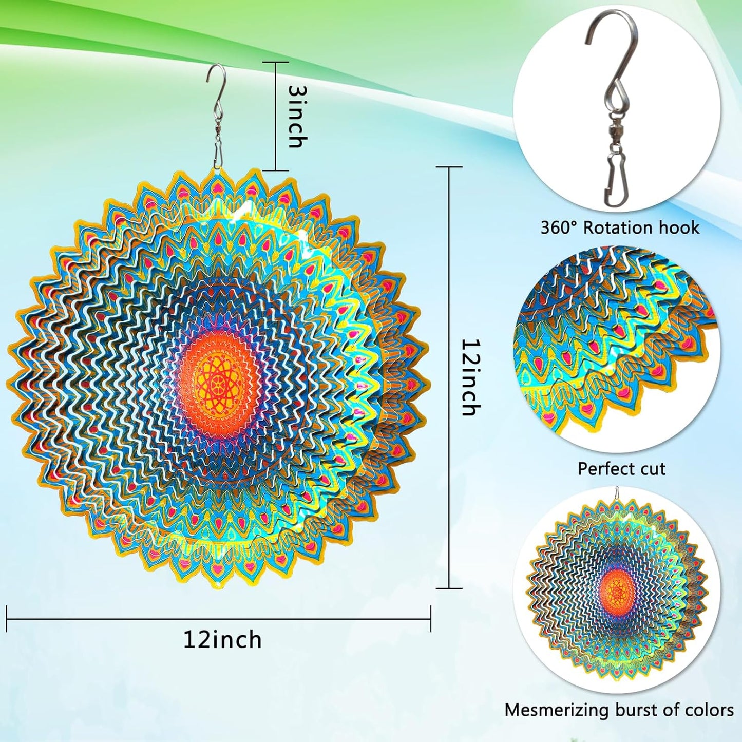 Goolyrusim Wind Spinner Mandala Circle - 3D Wind Spinners Outdoor, 12-inch Stainless Steel Hanging Wind Sculptures for Yard and Garden, Kinetic Art Decoration Porch Decor Patio Ornament, Mandala Gift