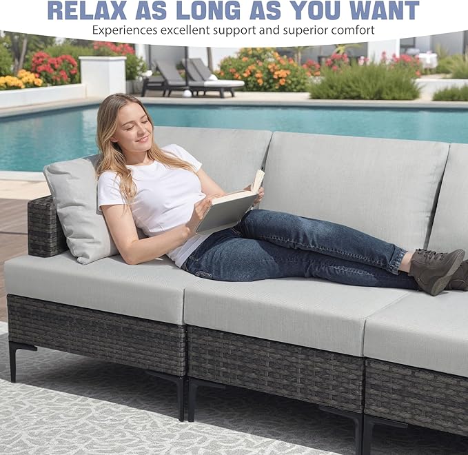 10 Pieces Patio Sectional Furniture Set with 44" Propane Fire Pit Table, 60000BTU Wicker Outdoor Sectional Coversation Set, Thick Cushion Deep Seat, Outdoor Furniture for Porch,Backyard,Deck (Grey)