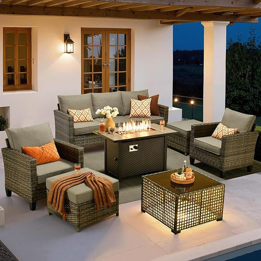ovios 7 Pieces Patio Furniture Set with 42" Fire Pit Table, Outdoor Sofa Couch with Solar Lights Table Comfy Cushions, Modern Deep Seat Wicker Rattan Conversation Set, Dark Grey