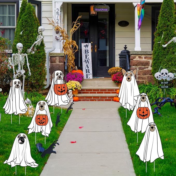 Nuanchu 7 Pcs Halloween Yard Outdoor Decorations Ghost Dog Yard Signs Corrugated Plastic Ghost Dog Pumpkin Lawn Sign with Stakes Waterproof Halloween Garden Stakes for Outside Scary Spooky Decor