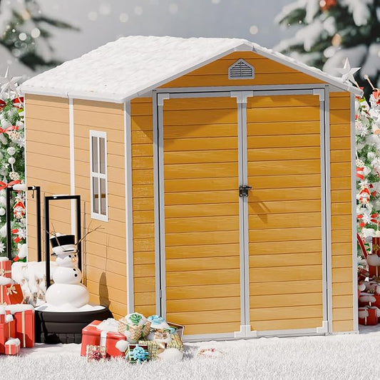 Plastic Sheds 8x6 Resin Outdoor Storage with Floor Included, Waterproof Lockable Garden Shed Tool Cabinet Brown