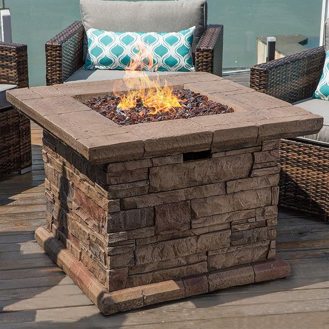 COSIEST Outdoor Propane Fire Pit Table w Faux Brown Ledgestone 32-inch Square Fire Table, CSA Certified, 50,000 BTU Stainless Steel Burner, Free Lava Rocks, Fits 20lb Tank Inside