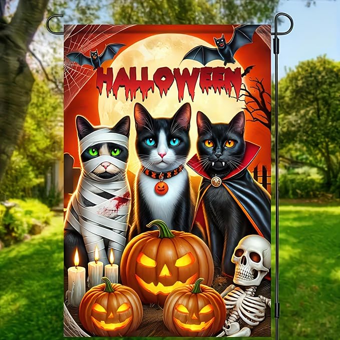 Halloween Cat Garden Flag 12x18 Vertical Double Sided Happy Halloween Pumpkin Holiday Outside Decorations Yard Flag