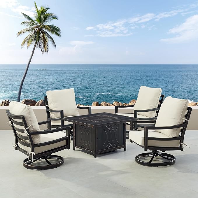 Oakland Living Black Aluminum Patio Fire Table Set with Four Club Chairs with Light Grey Cushions