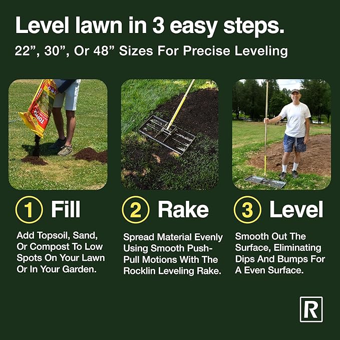 Rocklin™ Lawn Leveling Rake – 22” x 10” Stainless Steel Levelawn Tool with 78” Handle | Smooth & Level Soil, Sand or Grass | Durable Leveling Tool for Lawn, Yard and Garden