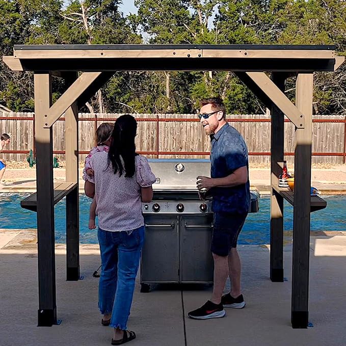 CHARMELEON 6'x8' Wood Grill Gazebo, Cedar Wood BBQ Grill Gazebo with 2 Side Storage Shelves, Pavilion with Hardtop Sloping Steel Roof for Outdoor, Patio, Barbecue, Garden, Deck