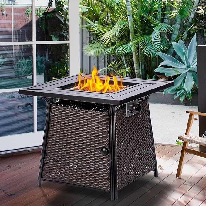 28 inch Wicker Propane Fire Pit Table,Gas Fire Pits Table for Outside,50000 BTU Propane Firepit with Lid &Lava Rocks,Gas Firepit for Garden,Yard (Brown Rattan)