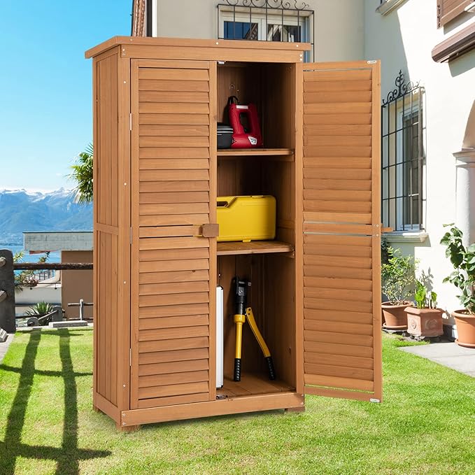 Goplus Outdoor Storage Cabinet, Wooden Storage Shed with Latch, Detachable Shelves & Weather Resistant Pitch Roof, Vertical Garden Tool Organizer for Outside Yard Patio Deck