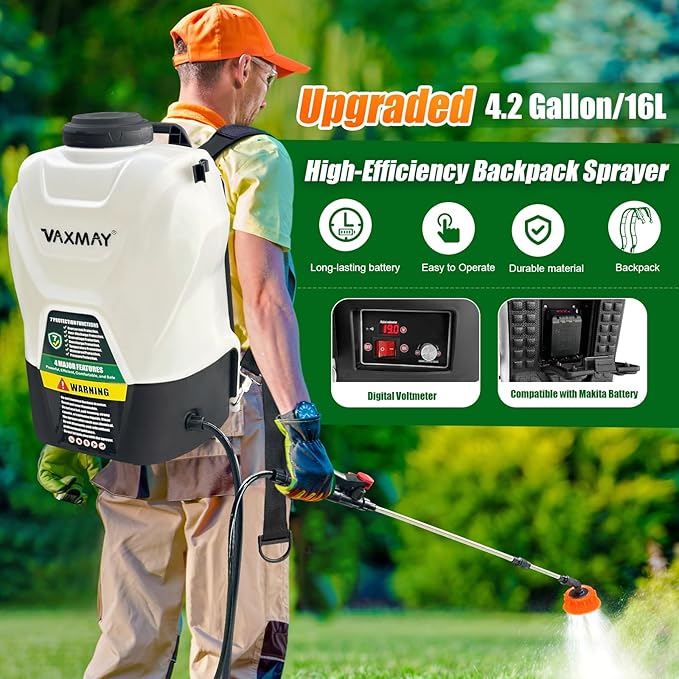 Backpack Sprayer 4 Gallon Battery Powered Garden Sprayer, VaxMay Electric Weed Sprayer Works with Makita 18V Battery, 100 PSI, Telescopic Wand, 5 Nozzles, 2.5Ah Battery&Charger Included