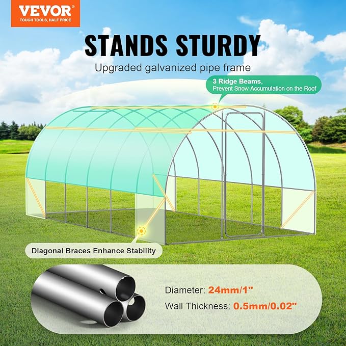VEVOR Walk-in Tunnel Greenhouse, 19.4x9.7x7.4 ft Hoop House Greenhouse Tunnel, Plant Hot House with Galvanized Steel Frame, Green PE Cover, Swing Door and 12 Roll-up Windows for Outdoor