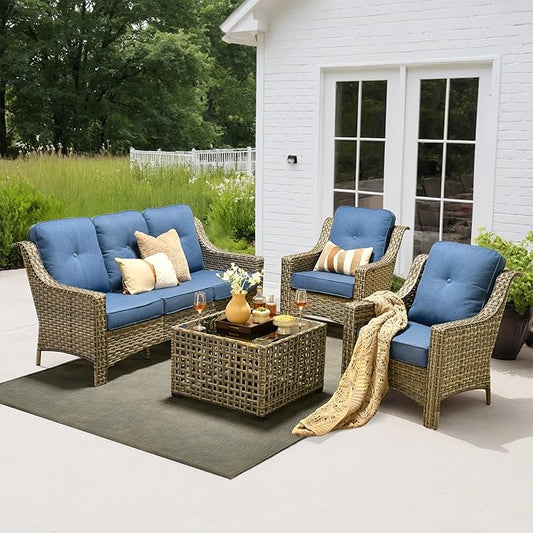 4 Pieces Patio Outdoor Furniture Set,All Weather Wicker Rattan Patio Seating Sofa and Chair Set w/ 3-Seater Sofa and Glowing Coffee Table,Outdoor Conversation Sets for Deck Yard Garden,Blue