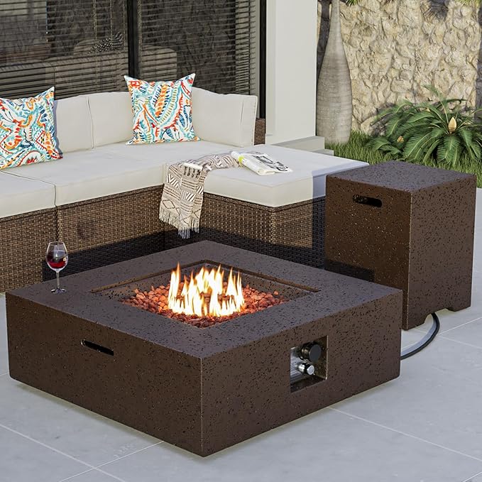 COSIEST Outdoor Propane Fire Pit Coffee Table w Square Faux Stone 35-inch Base, CSA Certified, 50,000 BTU Stainless Steel Burner, Free Lava Rocks and Rain Cover,Tank Cover, Stone Bronze