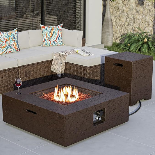 COSIEST Outdoor Propane Fire Pit Coffee Table w Square Faux Stone 35-inch Base, CSA Certified, 50,000 BTU Stainless Steel Burner, Free Lava Rocks and Rain Cover,Tank Cover, Stone Bronze