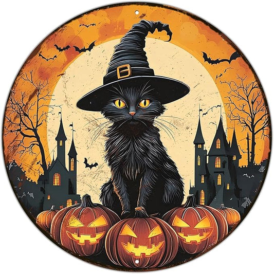 PEACHGARDEN Round Black Cat With Bats On Pumpkin Vintage Sign Halloween Metal Tin Sign for Home Bar Kitchen Hotel Dining Room Coffee 8x8inch