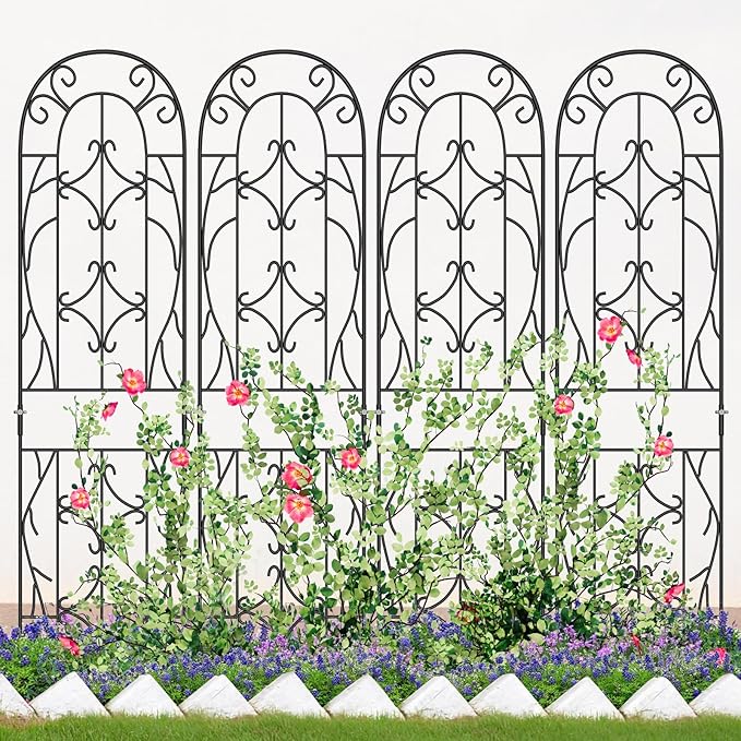 4 Pack Metal Garden Trellis for Climbing Plants, Black Metal Garden Trellis for Vines Plant Rose Vegetable Support,Large Decorative Outdoor Trellis