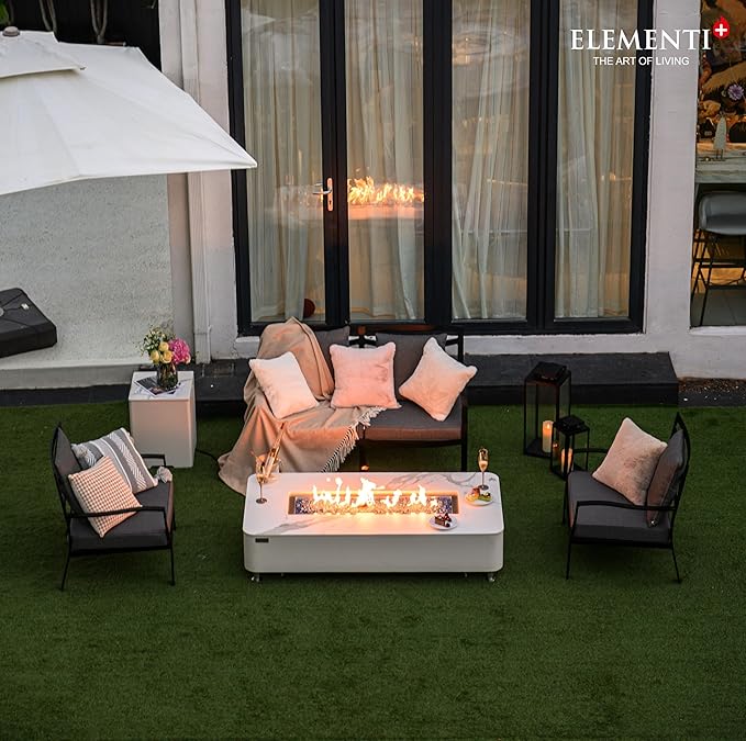 Elementi+ | Athens Gas Fire Pit | Cast Concrete Body & Marble Porcelain Top | 62" Rectangular Fire Table | Electronic Ignition | Canvas Cover, Fire Glass & Burner Lid Included | White | Propane Gas