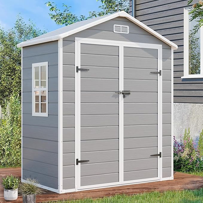 6x3 FT Resin Storage Shed, Waterproof Outdoor Shed with Floor Included, Window, Double Lockable Doors & 2 Vents, Outside Plastic Sheds for Garden Patio Backyard, Grey