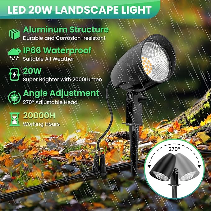 ZZXX 20W Low Voltage Landscape Lights Garden Pathway Lights Super Warm White(2000LM) AC/DC 12V-24V LED Landscape Spotlights Outdoor Waterproof with Photocell Sensor for Patio Yard Wall Tree (6 Pack)