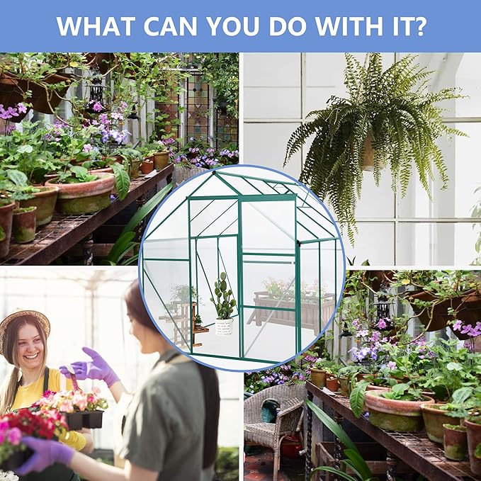 6x8FT Polycarbonate Walk-in Greenhouses, Heavy Duty Hobby Green House, Storage Shed with Sliding Doors & Adjustable Roof Vent, Aluminum Sunroom Hot House for Outdoor Garden Backyard