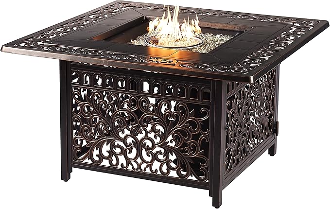 Oakland Living Black Aluminum Patio Fire Table Set with Two Deep Seating Loveseat with Cushions and Two Club Chairs with Black Cushions