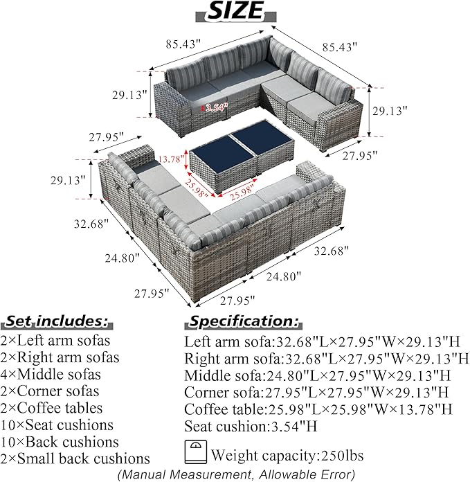 HOOOWOOO 12 Piece Modular Patio Outdoor Sectional Furniture Sofa Set,Wicker Conversation Set,Out Door Couch Set with Wide Arm for Outside All Weather(Grey Stripes)