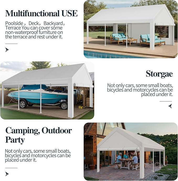 Shintenchi Portable Garage Canopy,12x20 FT Heavy-Duty Design Carport,Carport Canopy with Side-Opening Removable Door & Roll-Up Window,Portable Car Port for Car, Truck, Boat,White